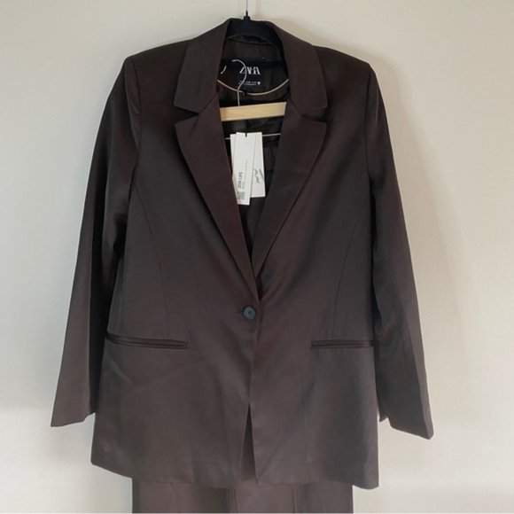 𝅺zara 2 Piece SUIT - BLAZER AND FULL LENGTH SATIN EFFECT PANTS BROWN - Picture 12 of 16